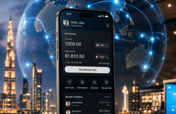 Global money transfer app at night