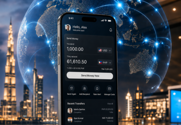 Global money transfer app at night